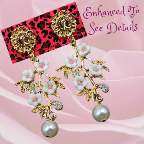 Gold Color Alloy Rhinestone Pearl Flower Pink Drop Jewel earrings Betsey Johnson - Picture 6 of 9